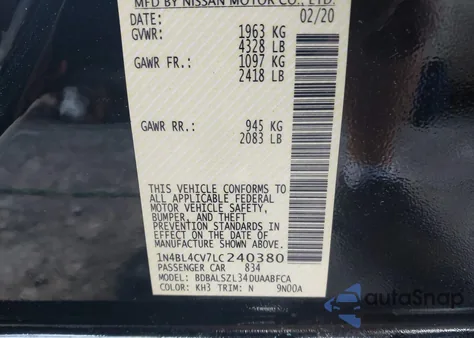 2020 Nissan Altima Sr Fwd from USA, damaged, VIN 1N4BL4CV7LC240380